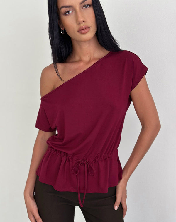 Motel Rocks Sika One Shoulder Top In Burgundy With Tie Belt