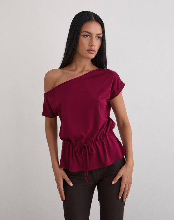 motel rocks Sika One Shoulder Top in Burgundy with Tie Belt