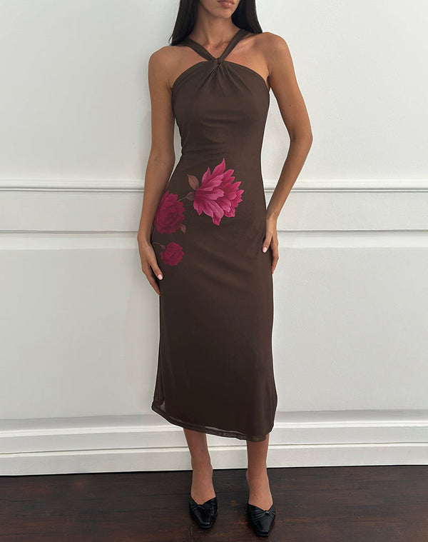 Motel Rocks Silvra Halterneck Midi Dress In Brown With Pink Flower Print