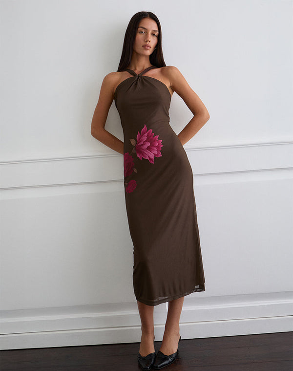 Motel Rocks Silvra Halterneck Midi Dress In Brown With Pink Flower Print