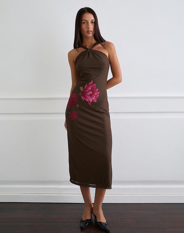 motel rocks Silvra Halterneck Midi Dress in Brown with Pink Flower Print