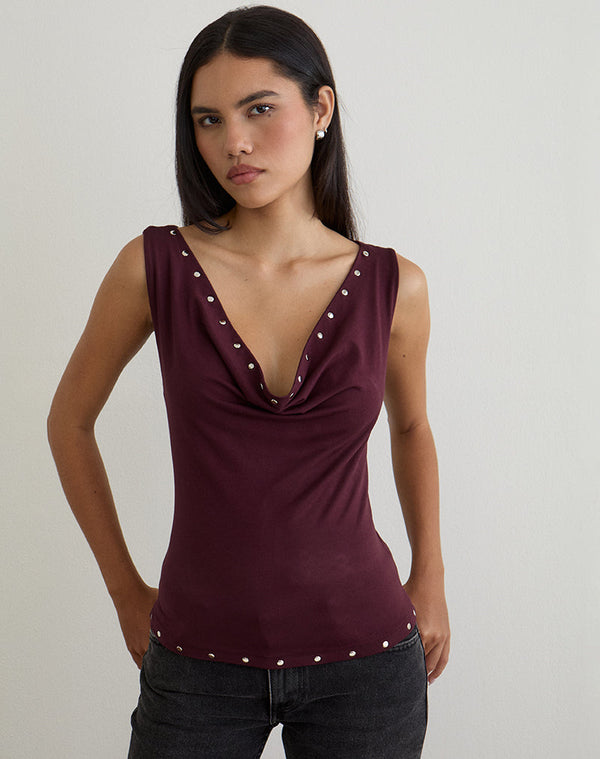 Motel Rocks Slater Studded Top In Rayon Jersey Dark Plum