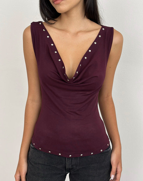 motel rocks Slater Studded Top in Rayon Jersey Dark Plum