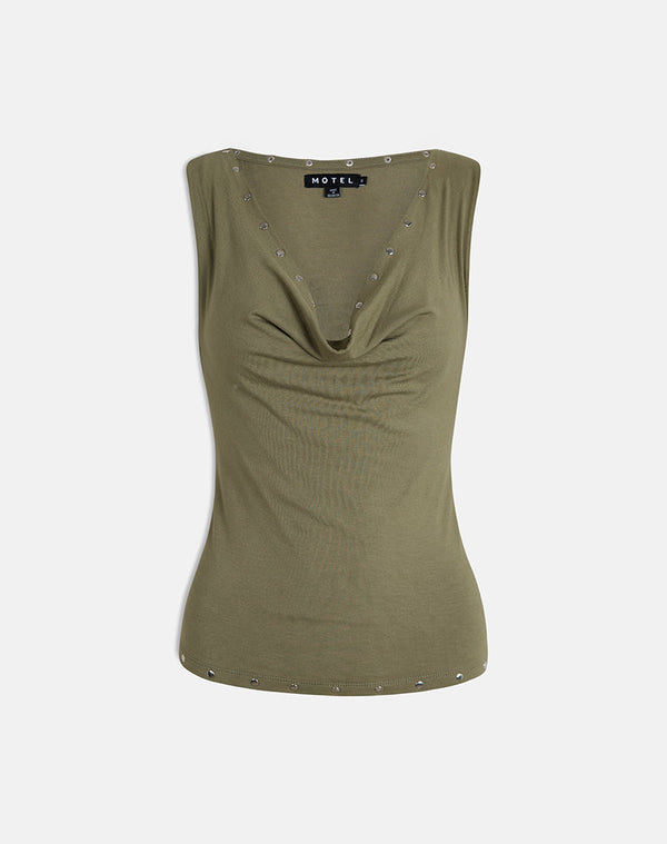 Motel Rocks Slater Studded Top In Rayon Jersey Khaki