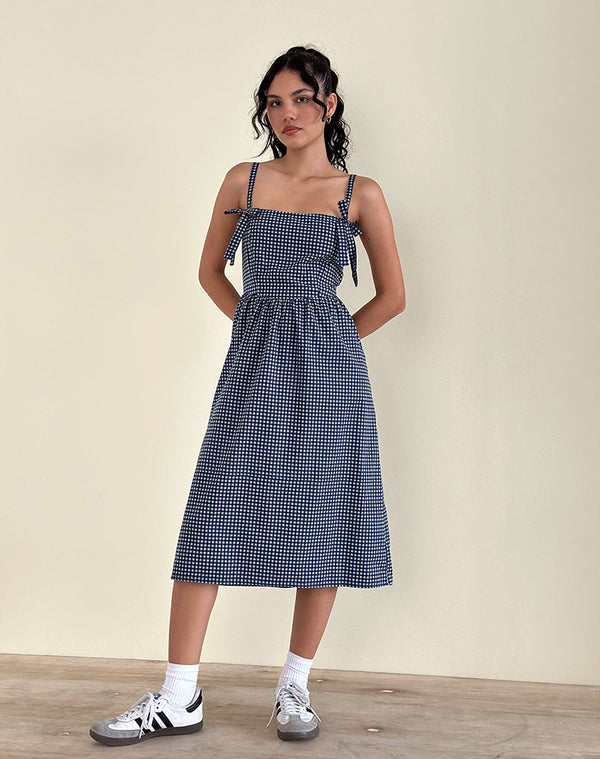 motel rocks Sloane Midi Dress in Mini Dark Blue Gingham