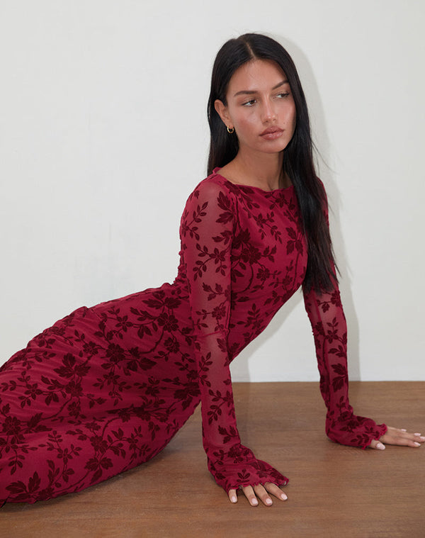 Motel Rocks Slokya Long Sleeve Maxi Dress In Vine Floral Flock Cherry
