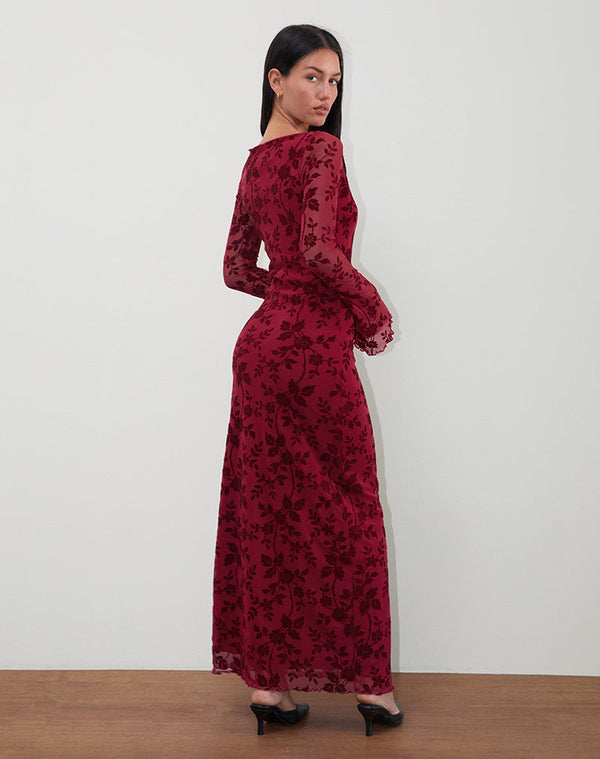 Motel Rocks Slokya Long Sleeve Maxi Dress In Vine Floral Flock Cherry