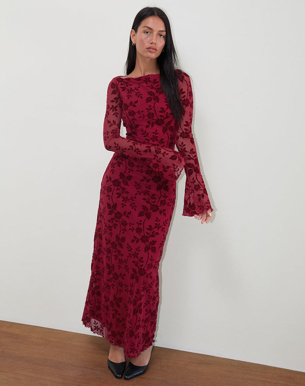 motel rocks Slokya Long Sleeve Maxi Dress in Vine Floral Flock Cherry