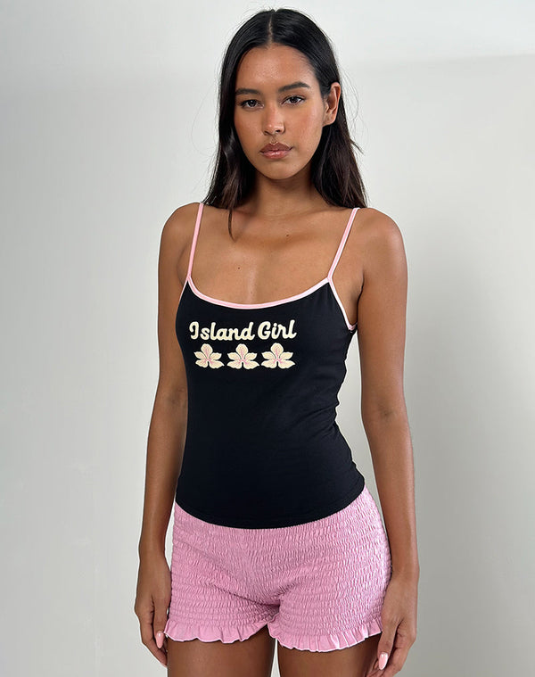 Motel Rocks Solani Cami Top In Black With Baby Pink Binding And Island Girl Print