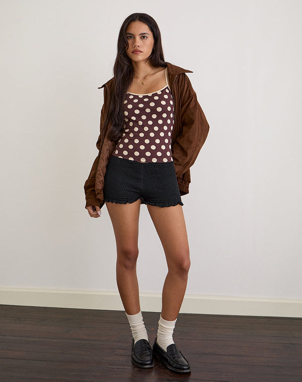 motel rocks Solani Top in Brown with Big Cream Polka Print