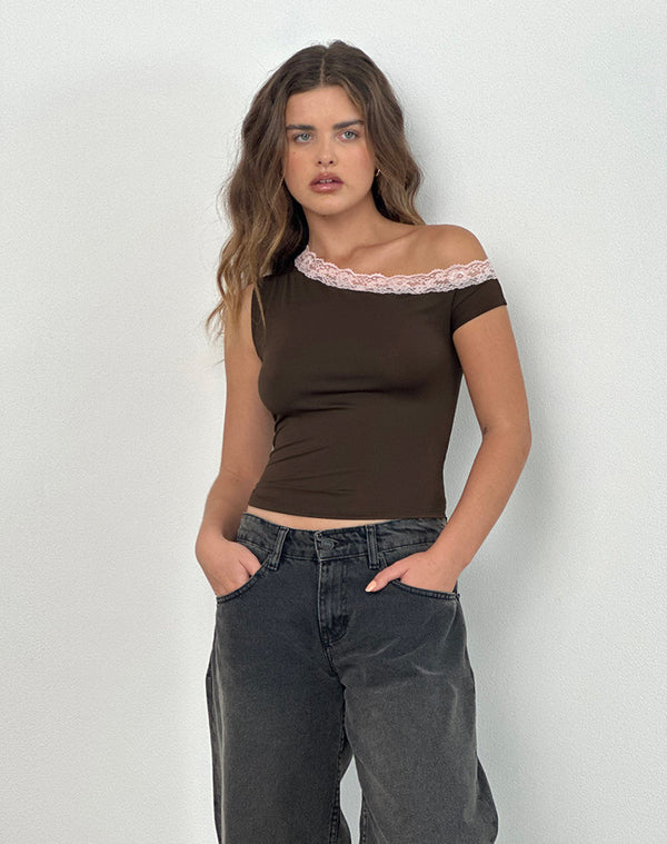 Motel Rocks Soleh One Shoulder Top In Brown Slinky With Pink Lace