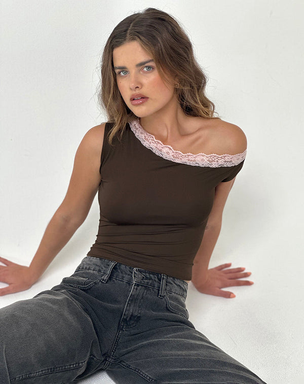 motel rocks Soleh One Shoulder Top in Brown Slinky with Pink Lace