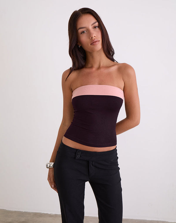 motel rocks Solna Bandeau Top in Redwood with Pink Lady Binding