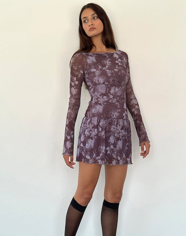 Motel Rocks Sonata Mini Dress In Botanic Sketch Purple