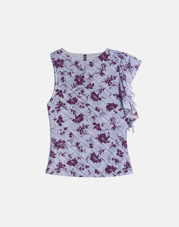 Motel Rocks Soyan Asymmetrical Top In Lotus Flock Check Lavender