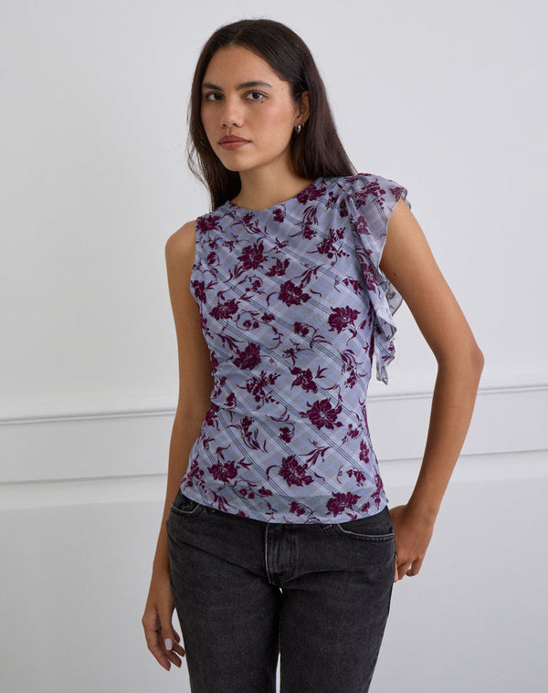 motel rocks Soyan Asymmetrical Top in Lotus Flock Check Lavender