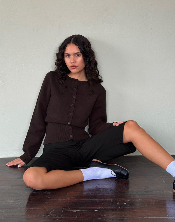 Motel Rocks Subra Long Sleeve Ribbed Hem Cardigan In Bitter Chocolate