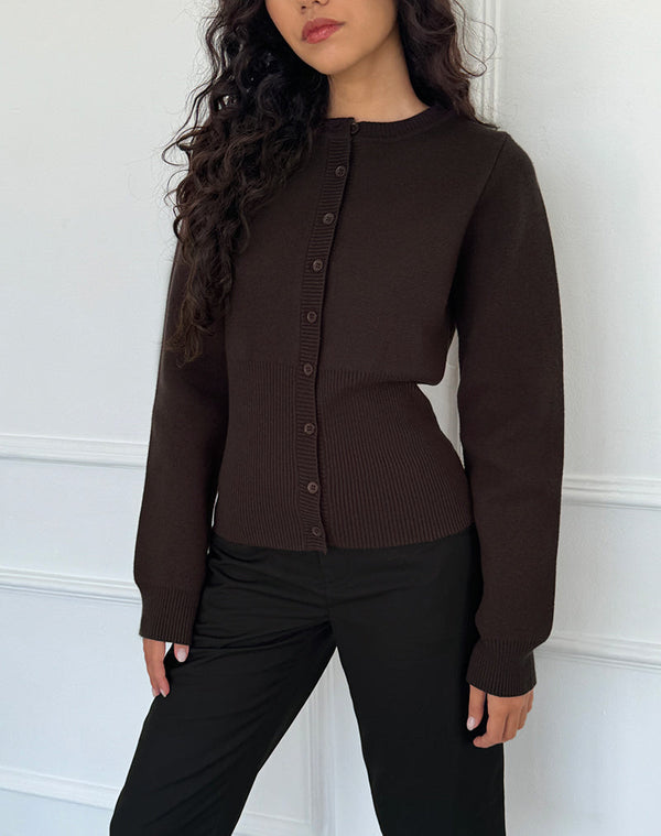 motel rocks Subra Long Sleeve Ribbed Hem Cardigan in Bitter Chocolate