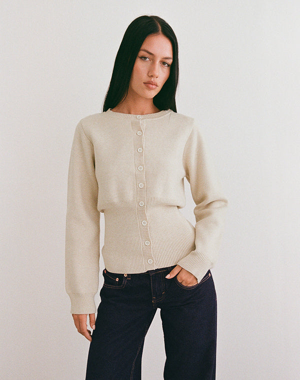 Motel Rocks Subra Long Sleeve Ribbed Hem Cardigan In Ivory