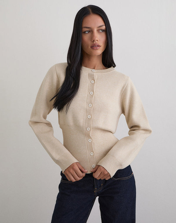 motel rocks Subra Long Sleeve Ribbed Hem Cardigan in Ivory