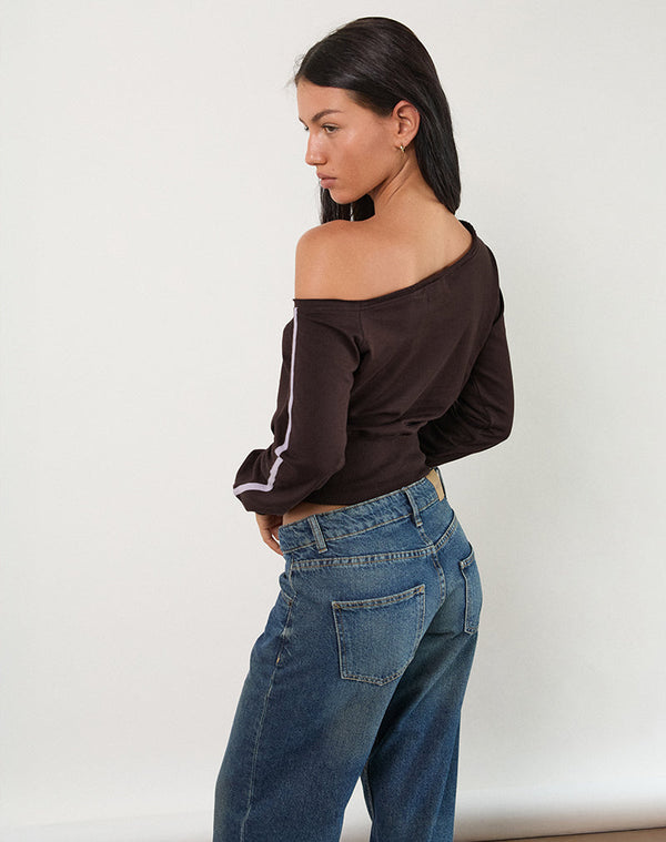 Motel Rocks Sujana Asymmetric Sweatshirt In Bitter Chocolate With Violet Binding