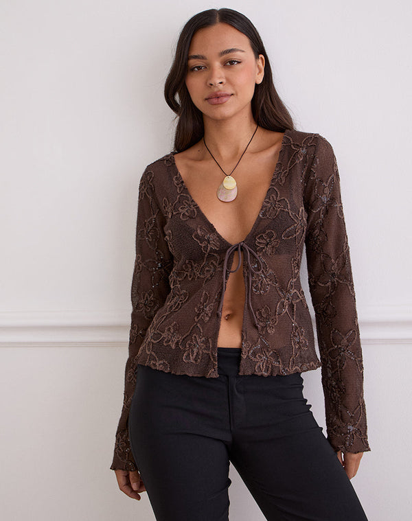 Motel Rocks Sukita Cardigan In Sequin Knit Dark Brown
