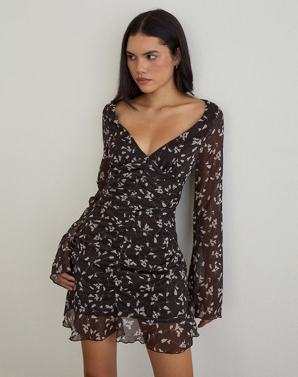 Motel Rocks Sumiko Mini Dress In Flower Chiffon Brown