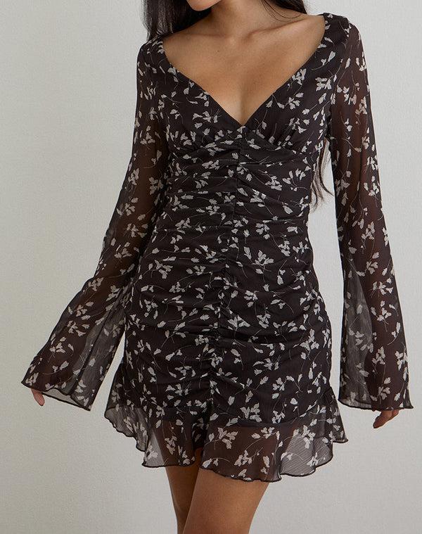 motel rocks Sumiko Mini Dress in Flower Chiffon Brown