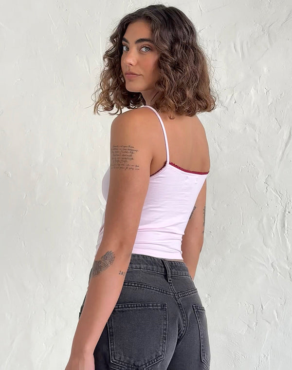 Motel Rocks Suna Vest Top In Light Pink With Burgundy Trim