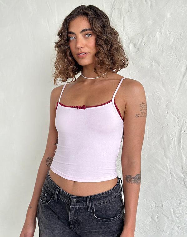 motel rocks Suna Vest Top in Light Pink with Burgundy Trim