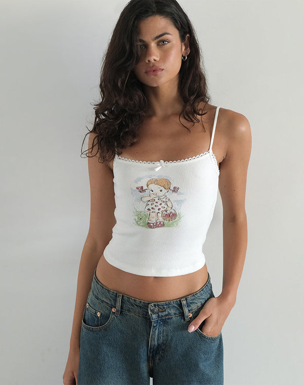 Motel Rocks Suna Vest Top In Little Girl Motif White