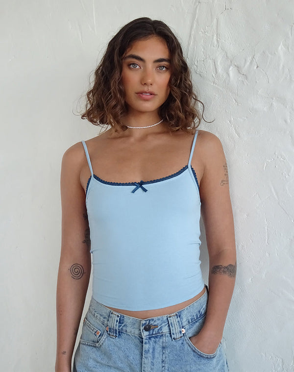 motel rocks Suna Vest Top in Nantucket Blue with Mineral Blue Trim
