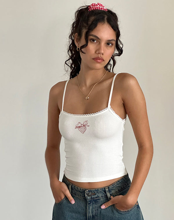 motel rocks Suna Vest Top in Off White with Strawberry Bow Print