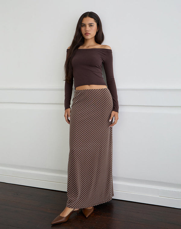 Motel Rocks Surina Maxi Skirt In Diagonal Striped Flock Brown And Cream