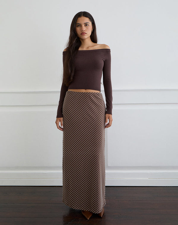 motel rocks Surina Maxi Skirt in Diagonal Striped Flock Brown and Cream