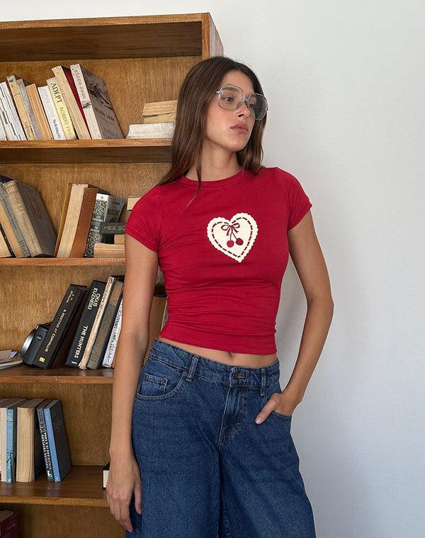 Motel Rocks Sutin Baby Tee In Adrenaline Red With Embroidered Cherry Heart