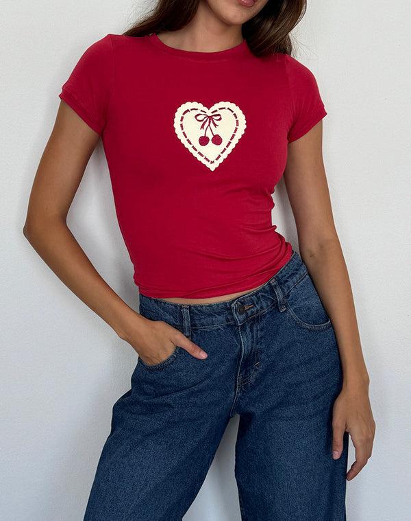 motel rocks Sutin Baby Tee in Adrenaline Red with Embroidered Cherry Heart