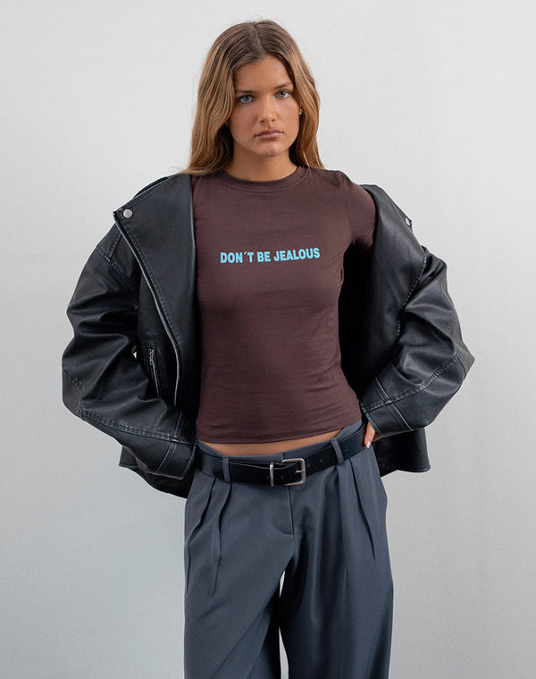motel rocks Sutin Baby Tee in Deep Mahogany with Don't Be Jealous Slogan