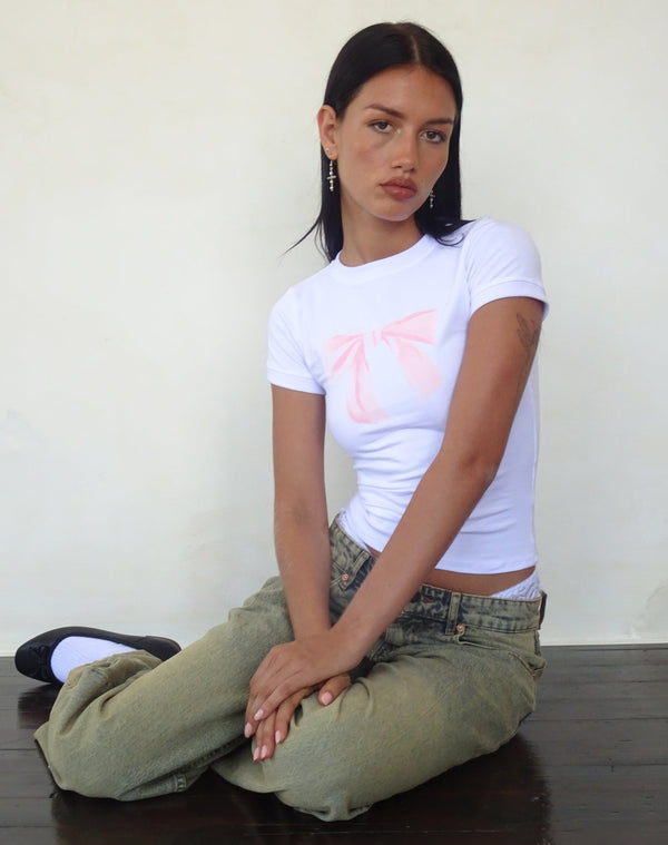 Motel Rocks Sutin Baby Tee In White With Pink Bow Print