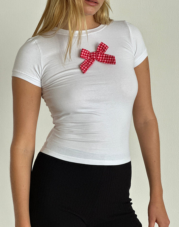 motel rocks Sutin Tee in White with Red Gingham Bow