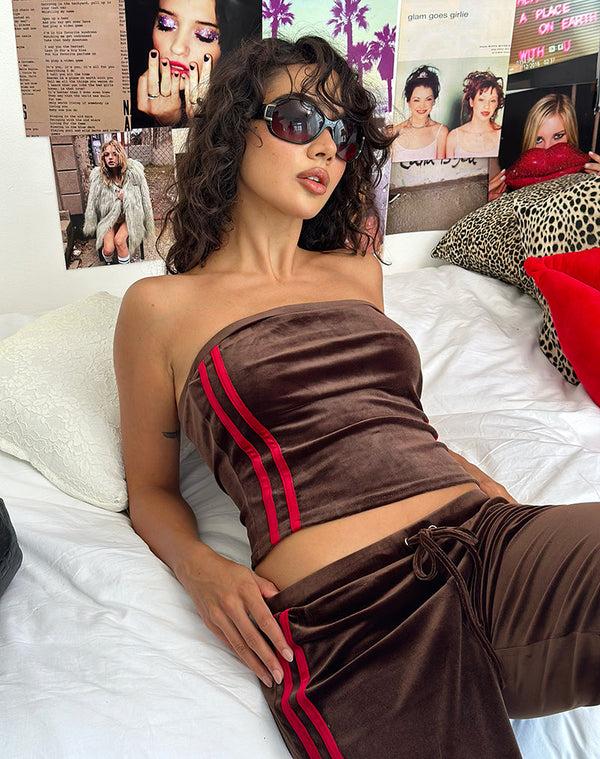motel rocks Syara Boob Tube in Brown Velour with Red Side Stripe