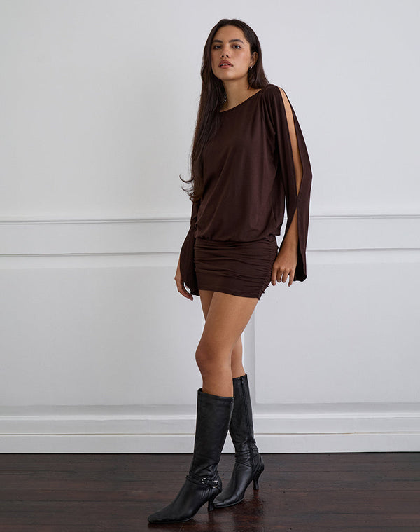 Motel Rocks Sybe Long Sleeve Mini Dress In Bitter Chocolate