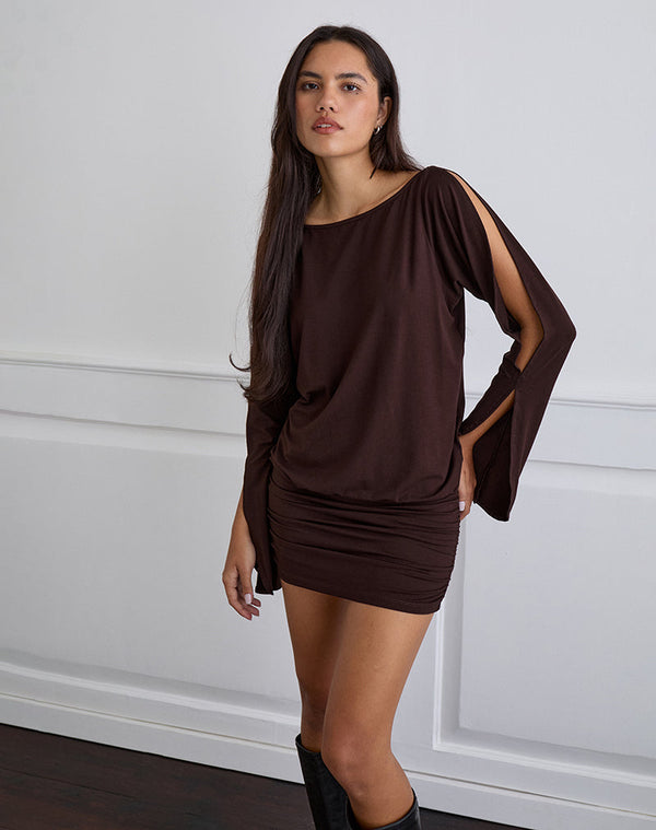 motel rocks Sybe Long Sleeve Mini Dress in Bitter Chocolate