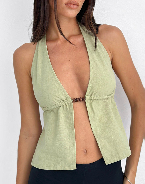 Motel Rocks Syrma Backless Halter Top In Linen Sage Green