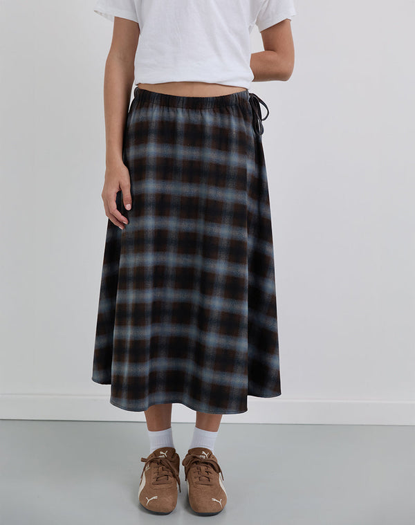Motel Rocks Taka Midi Skirt In Blue And Brown Check