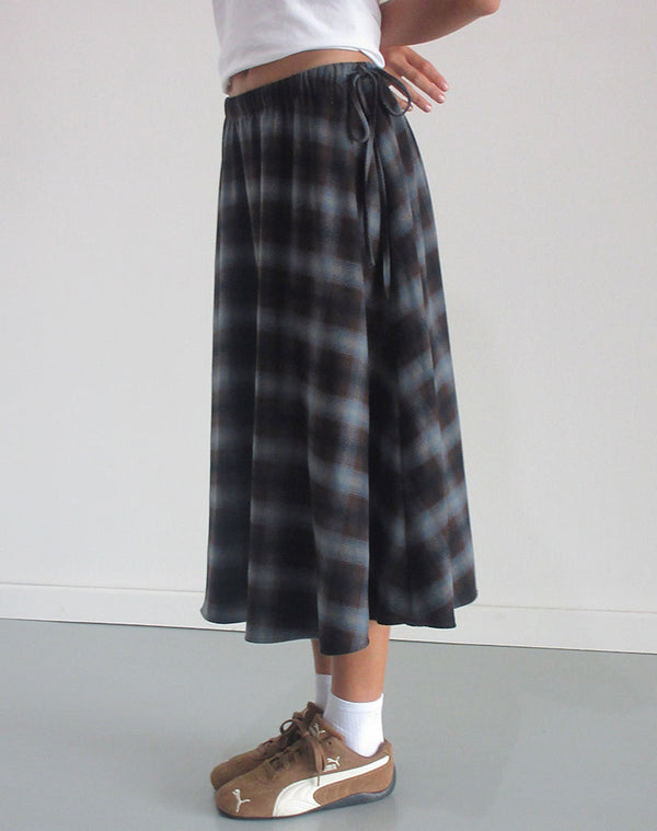 motel rocks Taka Midi Skirt in Blue and Brown Check