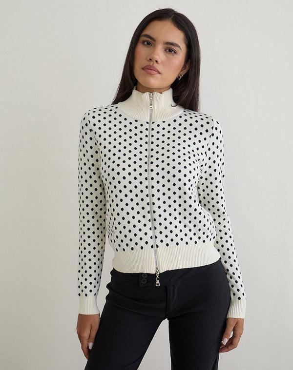 motel rocks Talisa Zip Through Knit Jacket in Tiny Polka Ivory