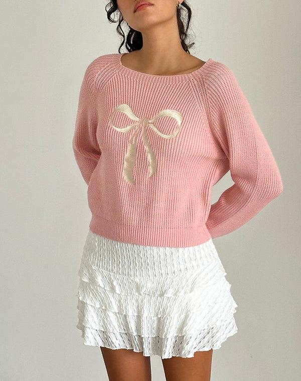 Motel Rocks Tami Jumper In Knit Pink With White Bow Embroidery
