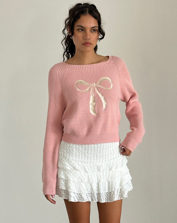 motel rocks Tami Jumper in Knit Pink with White Bow Embroidery