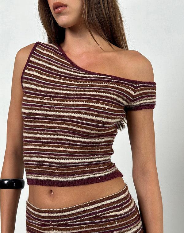 Motel Rocks Tamia Off Shoulder Top In Shimmer Stripe Knit Rust